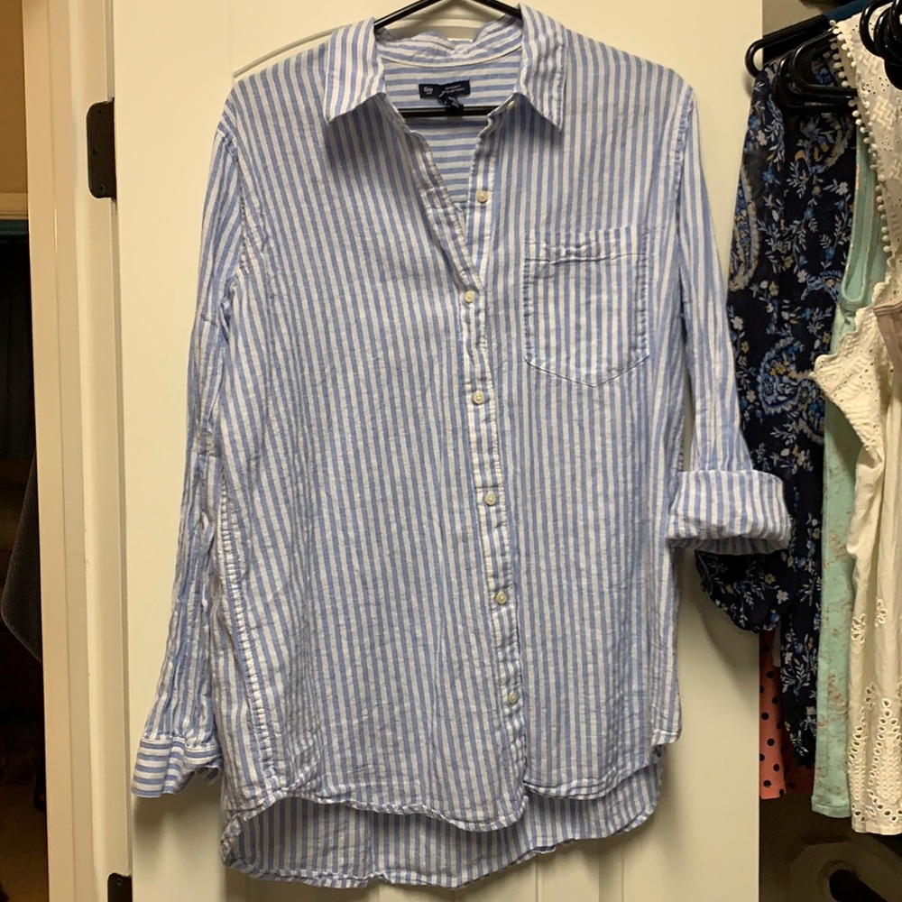 Linen Cotton blend, blue & white striped, Large